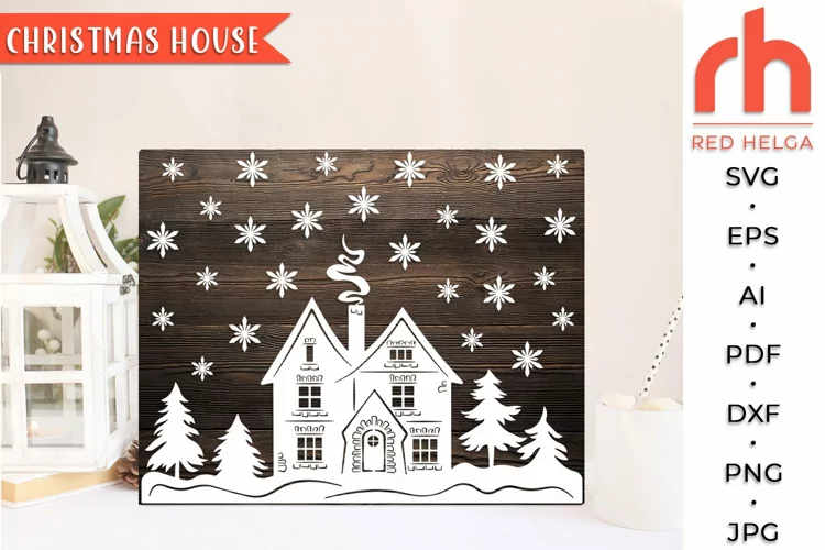 Christmas House SVG, Winter Cottage Cut File, Xmas Scene DXF