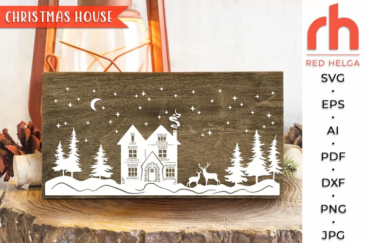 Christmas House SVG, Winter Cottage Cut File, Xmas Scene DXF