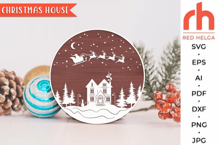 Christmas House SVG, Xmas Sign Cut File, Winter Scene DXF