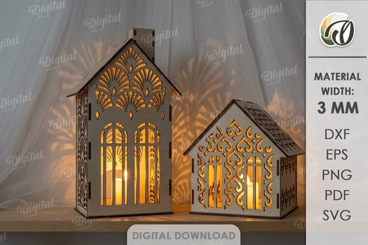 Christmas House Lanterns Laser Cut. Candle Holder SVG