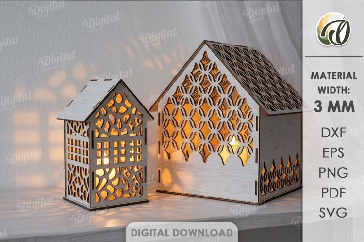 Christmas House Lanterns Laser Cut. Candle Holder SVG example image 1