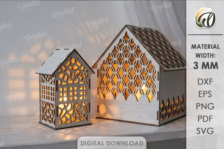 Christmas House Lanterns Laser Cut. Candle Holder SVG