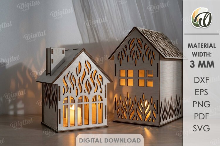 Christmas House Lanterns Laser Cut. Candle Holder SVG example image 1