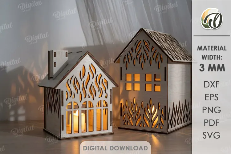 Christmas House Lanterns Laser Cut. Candle Holder SVG