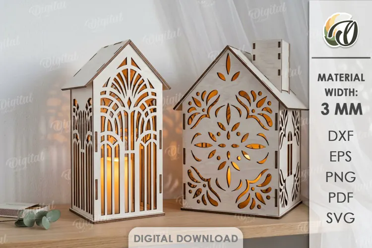 Christmas House Lanterns Laser Cut. Candle Holder SVG