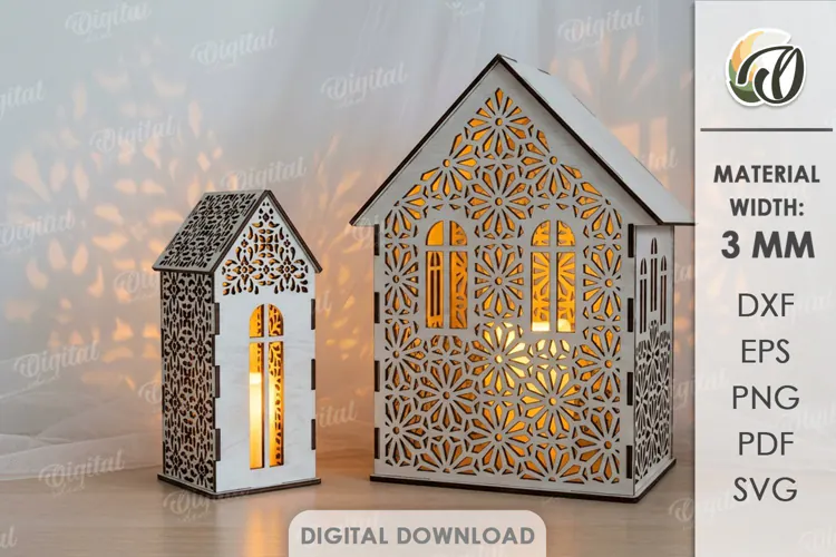 Christmas House Lanterns Laser Cut. Candle Holder SVG