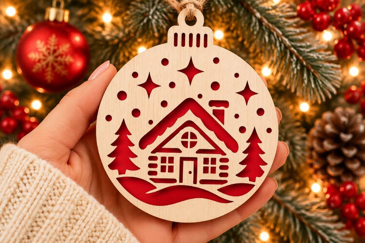 Christmas House Ornament SVG, Laser Cut Winter Cabin example image 1