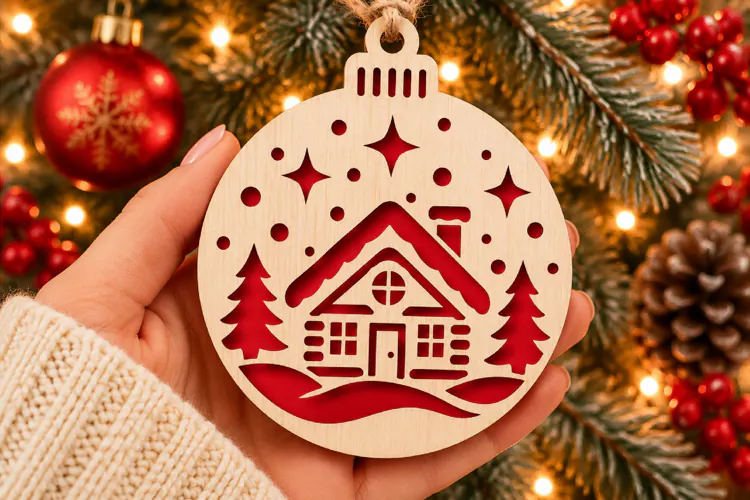 Christmas House Ornament SVG, Laser Cut Winter Cabin