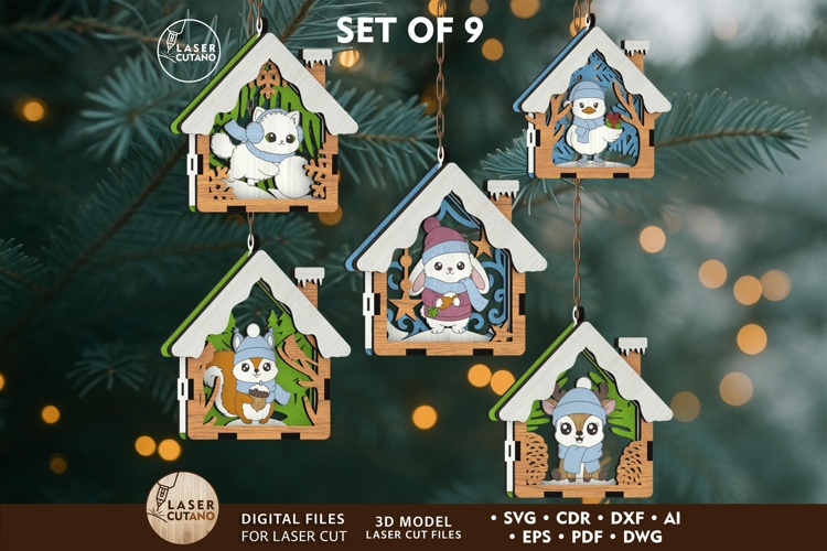 Christmas Animal Ornaments Set of 9 - House-Shaped Laser Cut