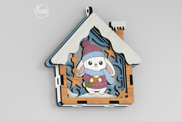 Christmas Bunny Ornament - House Shape Laser Cut File
