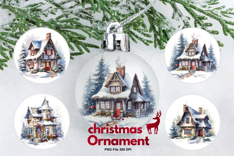 Christmas House Ornament Watercolor Snow House Decorate