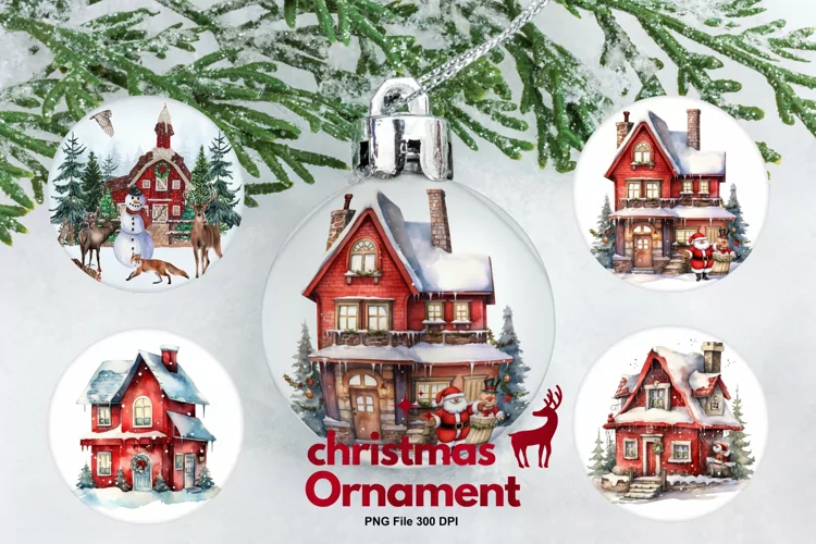 Christmas House Ornament Watercolor Snow House Decorate