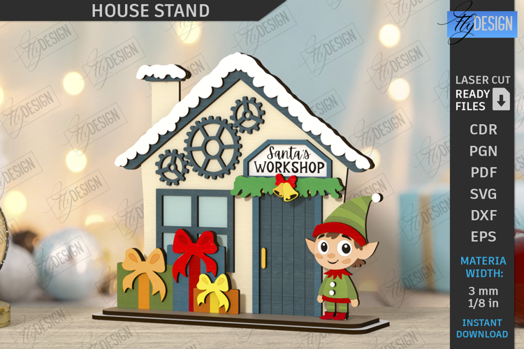 Christmas House Stand Laser Cut | Holiday Decorations SVG