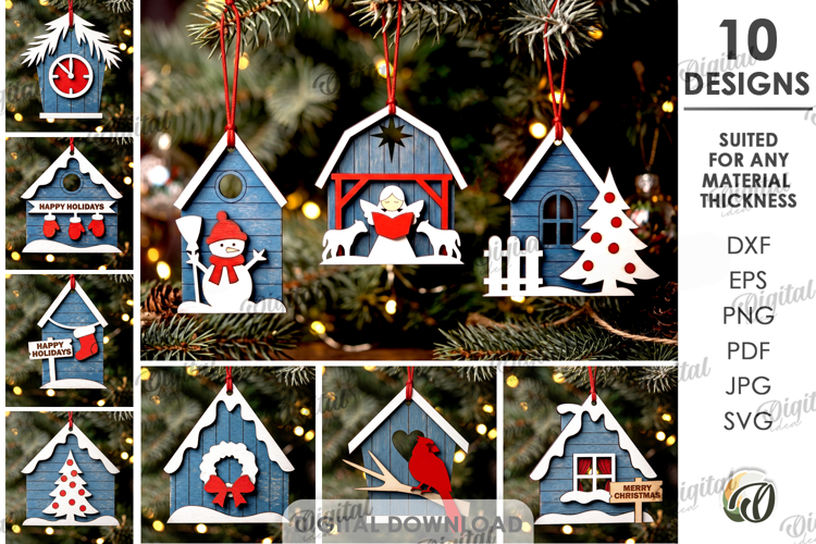 Christmas House Tree Ornaments Bundle Laser Cut