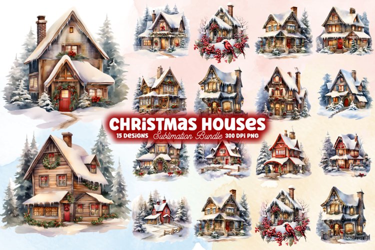 Christmas Houses Clipart Bundle, Christmas