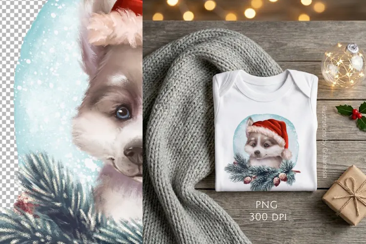 Christmas Husky Puppy Illustration PNG