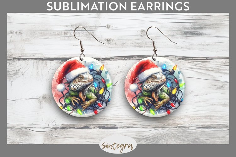 Christmas Iguana v1 Entangled in Lights Round Earrings PNG example image 1