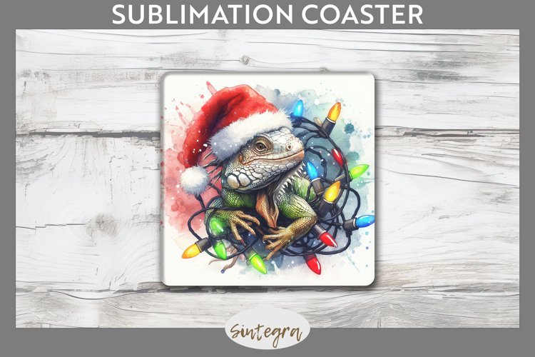 Christmas Iguana v1 Entangled in Lights Square Coaster PNG example image 1