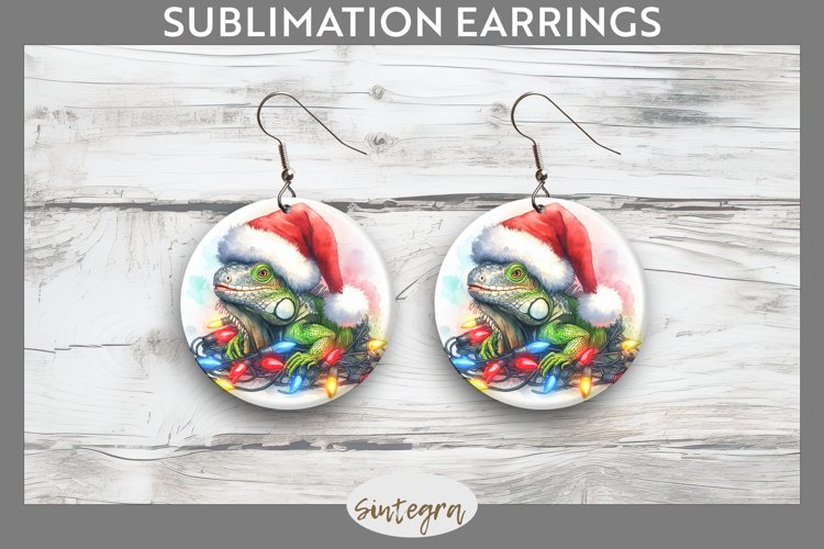 Christmas Iguana v2 Entangled in Lights Round Earrings PNG
