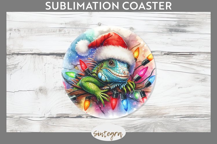 Christmas Iguana v3 Entangled in Lights Round Coaster PNG example image 1