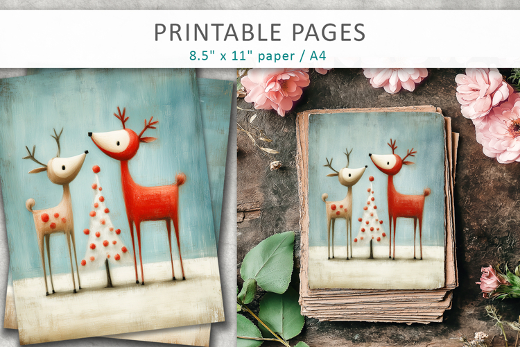 Christmas animal illustrations, grunge paper