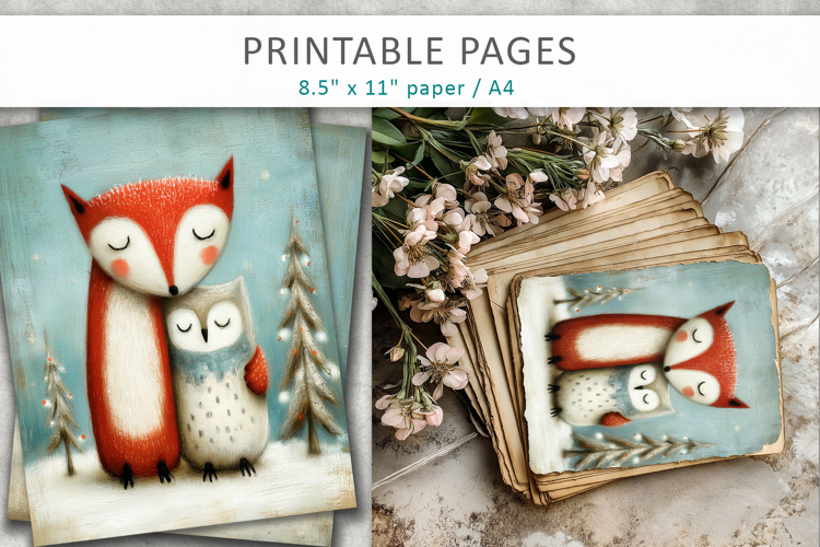 Christmas animal illustrations, grunge scrapbook pages