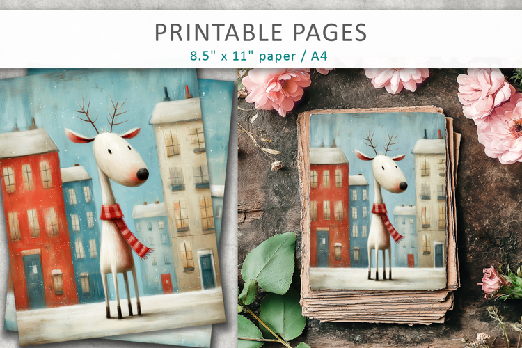 Christmas animal illustrations, grunge digital paper