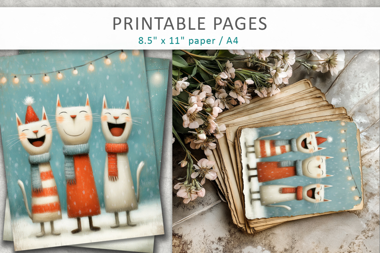 Christmas cats illustrations, grunge digital paper