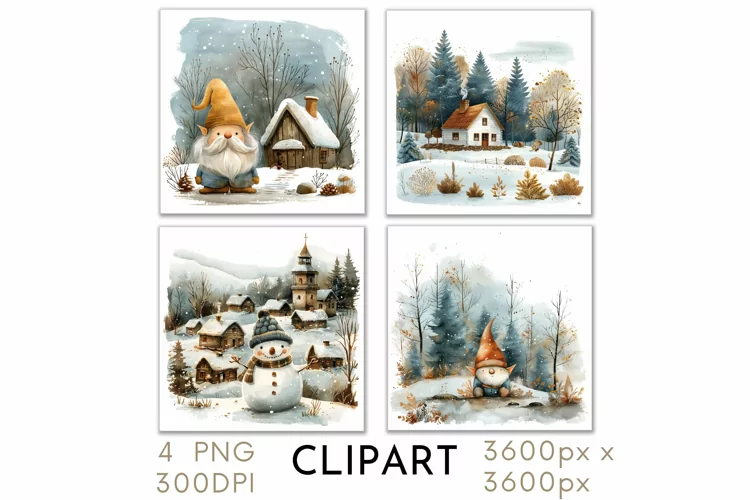 Christmas Illustrations Snowman Gnome Watercolor PNG