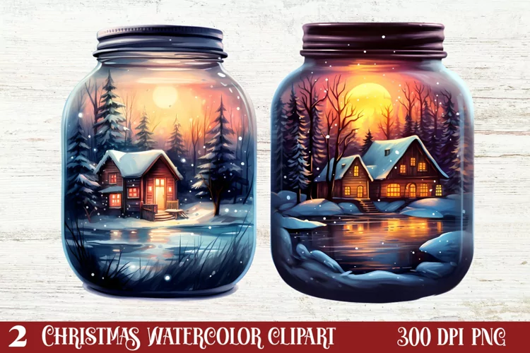 Christmas in Jar Watercolor Clipart , Christmas PNG