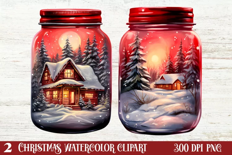 Christmas in Jar Watercolor Clipart , Christmas PNG