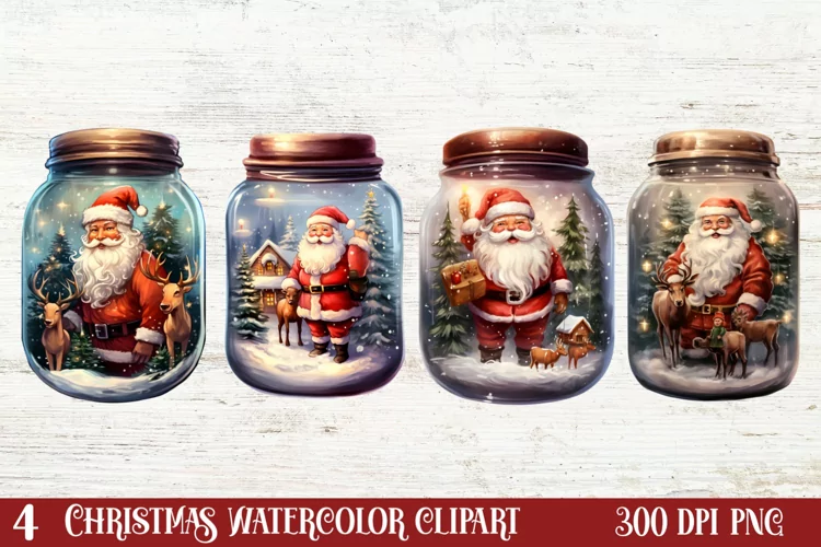 Christmas in Jar Watercolor Clipart , Christmas PNG