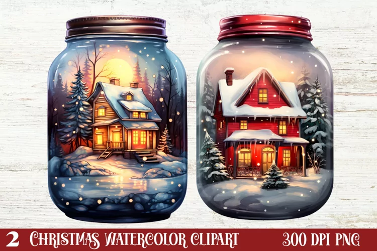 Christmas in Jar Watercolor Clipart , Christmas PNG