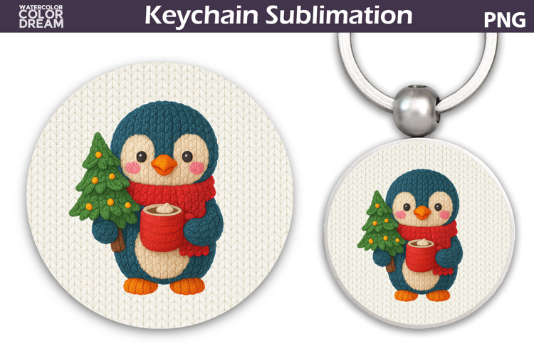 Christmas Round Keychain | Penguin Crochet Key Ring
