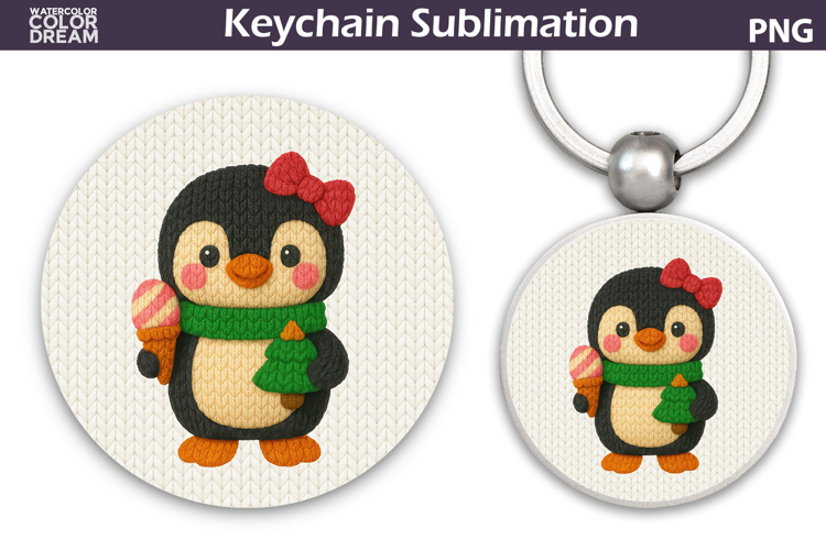 Christmas Round Keychain | Penguin Crochet Key Ring