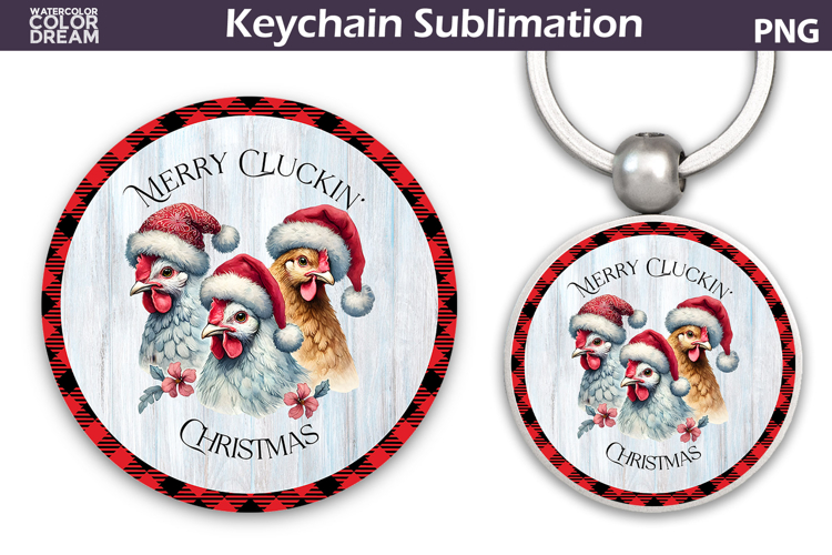 Merry Christmas Round Keychain | Retro Chicken Key Ring example image 1