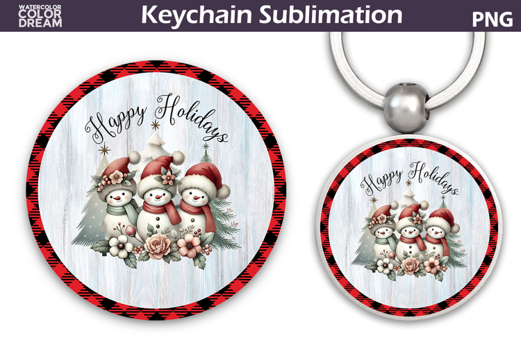 Merry Christmas Round Keychain | Retro Snowman Key Ring example image 1