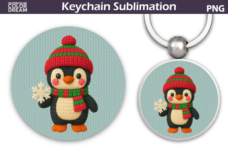Christmas Round Keychain | Penguin Crochet Key Ring