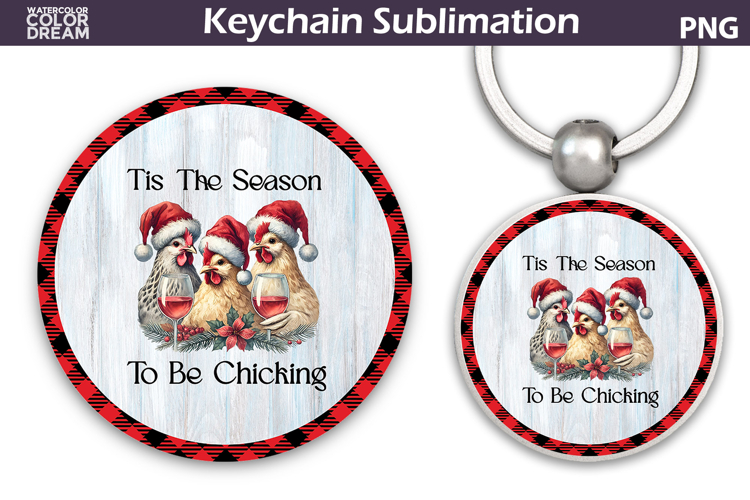 Merry Christmas Round Keychain | Retro Chicken Key Ring example image 1