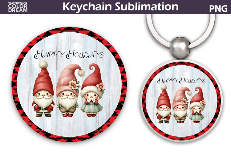 Merry Christmas Round Keychain | Retro Gnome Key Ring example image 1
