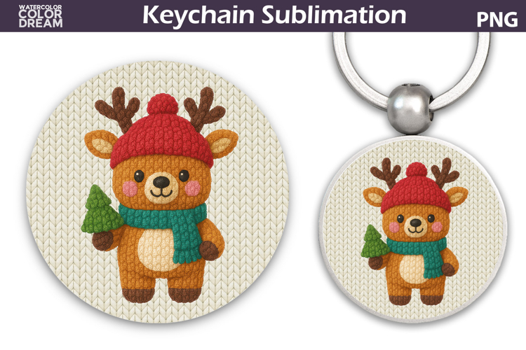 Christmas Round Keychain | Reindeer Crochet Key Ring