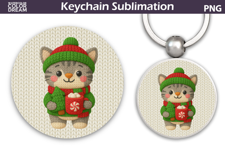 Christmas Cat Round Keychain | Kitty Crochet Key Ring
