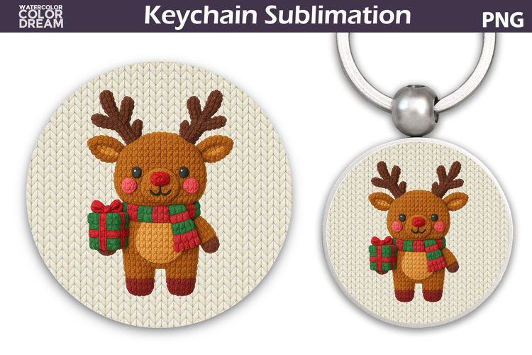 Christmas Round Keychain | Reindeer Crochet Key Ring