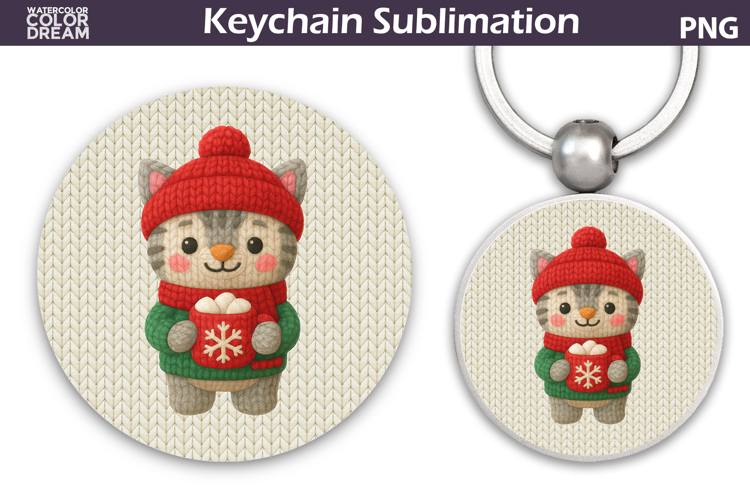 Christmas Cat Round Keychain | Kitty Crochet Key Ring