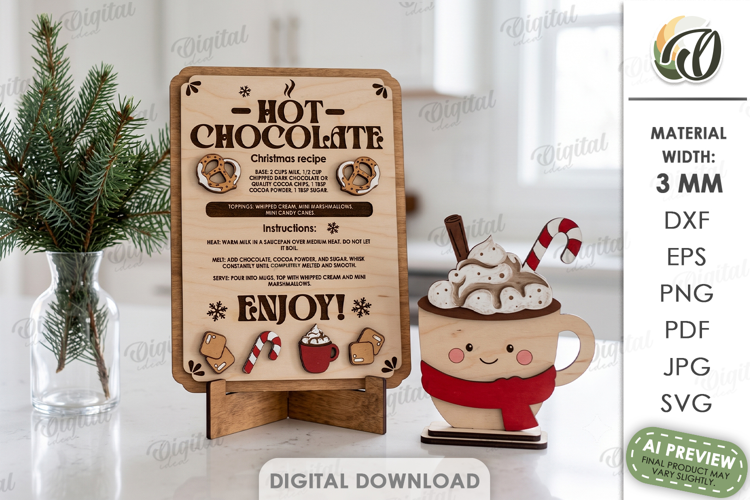 Christmas Hot Chocolate Mug with Recipe Sign Stand Laser Cut
