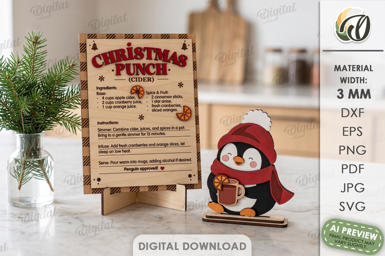 Christmas Kitchen Penguin with Recipe Sign Stand Laser Cut