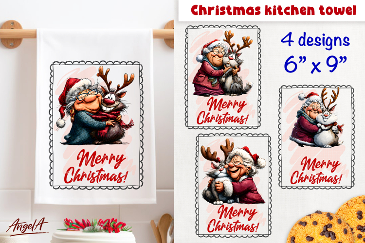 Merry Christmas dish towel sublimation HAppy Old lady, cat