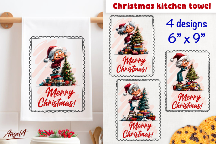 Merry Christmas tea towel sublimation Funny Elderly lady