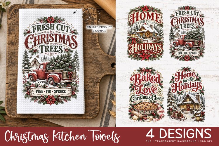Trendy Vintage Christmas png design for sublimation being used as Christmas kitchen towel print
