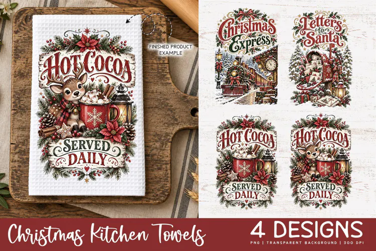 Vintage Christmas Kitchen Towel PNG | Farmhouse Sublimation